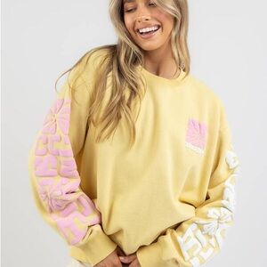 Billabong Yellow Crewneck Sweatshirt with Pink & White Sleeve Graphics